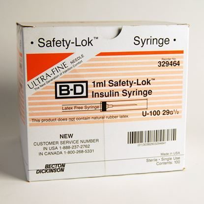 1cc Insulin Syringe, 29G x 1/2", Safety-Lok, Sterile, BD Safety-Lok™OSHA, 100/Box