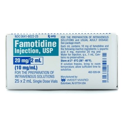 Famotidine, 10mg/mL, SDV, 2mL, 25 Vials/Tray, Refrigerated