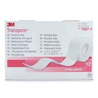 Tape, Transpore, Plastic, 1" x 10 Yards, Hypoallergenic, 12/Box