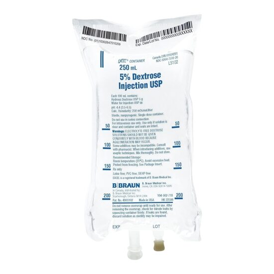 5% Dextrose IV Solution Injection, 250 mL Excel® Bag, Latex/PVC/DEPH-free, Each