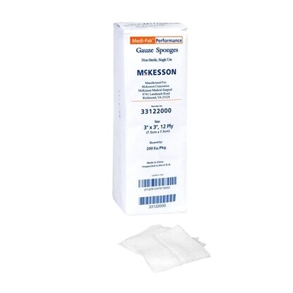 Gauze Sponge, 12-Ply Non Sterile Cotton, 3" x 3", Medi-Pak™, 200/Package