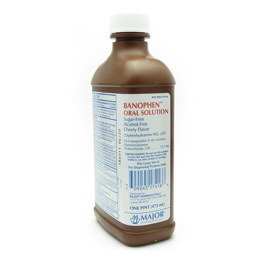 Banophen Diphenhydramine 125mg5mL Liquid Alcoholfree Cherry Flavor 16 Ounce Bottle