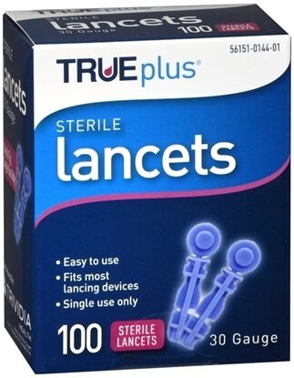 Lancet, True Plus,   30G 1.8mm, Blue, Disposable 100/Box