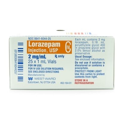Lorazepam [C-IV], 2mg/mL, SDV, 1mL, 25 Vials/Tray