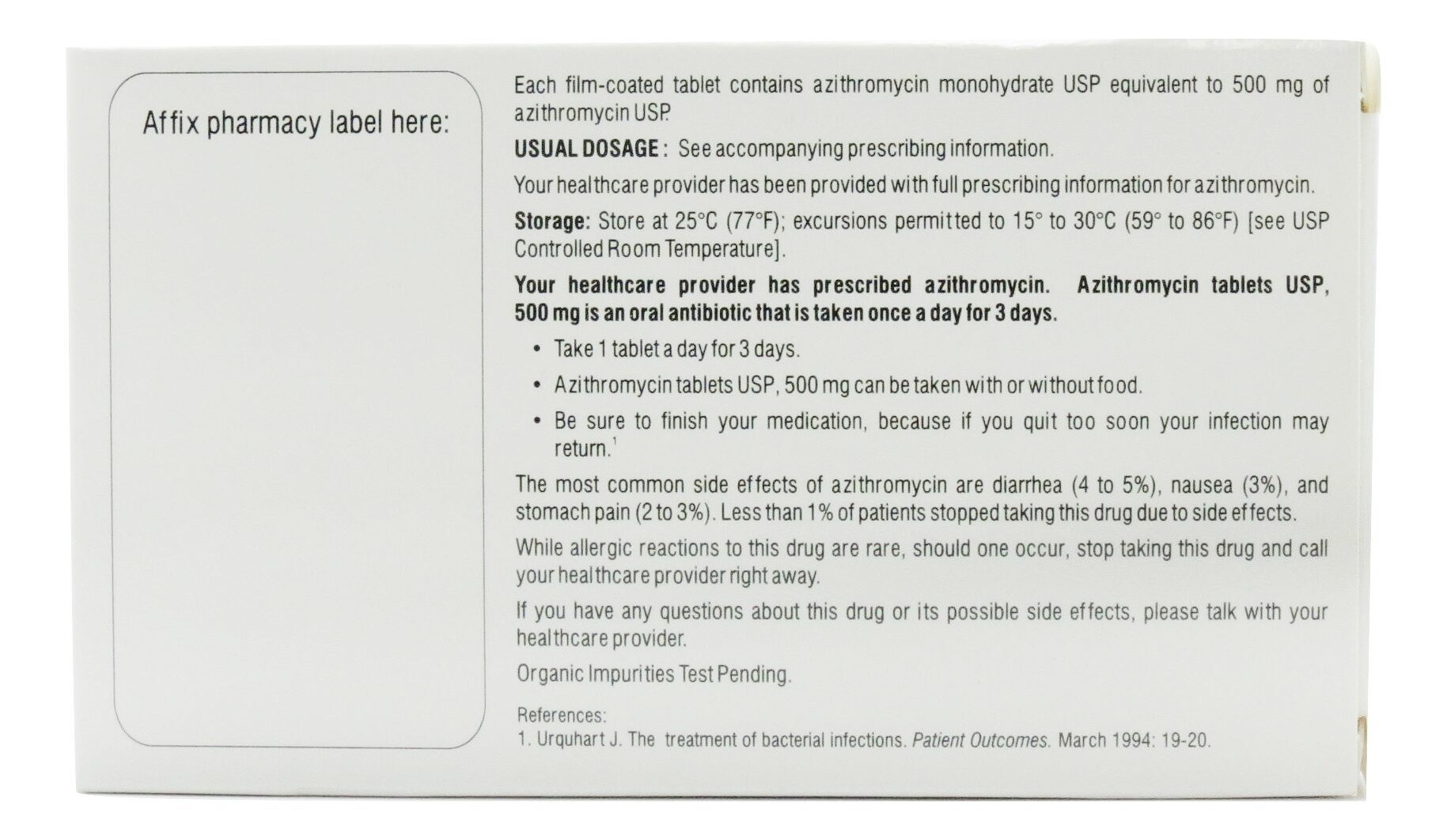 Azithromycin, UnitDose, 500mg, Tablets 3x3/Box McGuff