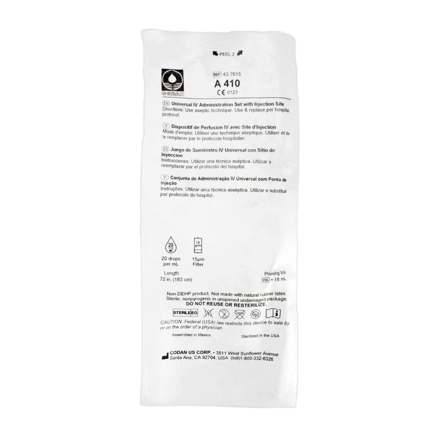 IV Administration Set, 15 Micron Filter, 20 drops/mL, 1 YSite, Spin LuerLock, Latexfree, DEHP