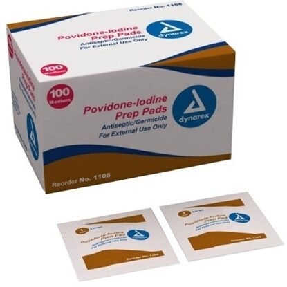 Povidone Iodine, Prep Pads Medium, Dynarex, 100/Box