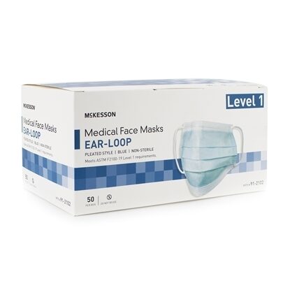 Mask, Procedure, Pleated Earloops, Blue, ASTM Level 1 Adult, 50/Box