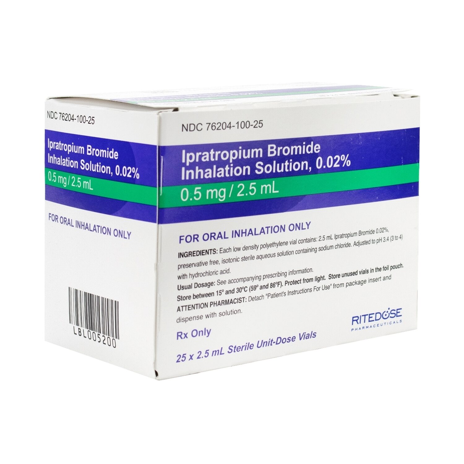 Ipratropium Bromide, 0.02, Inhalation Solution, 2.5mL, 25 Vials/Tray