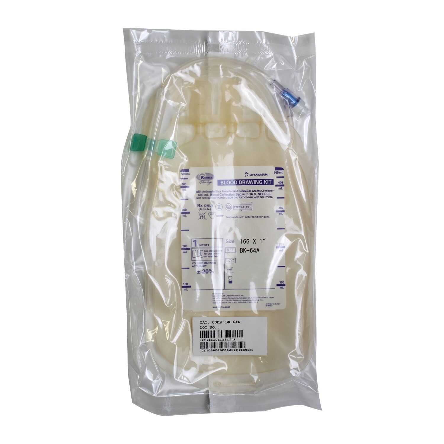 Blood Drawing Kit, with 16G Safety Needle, 600mL bag with Sample Port