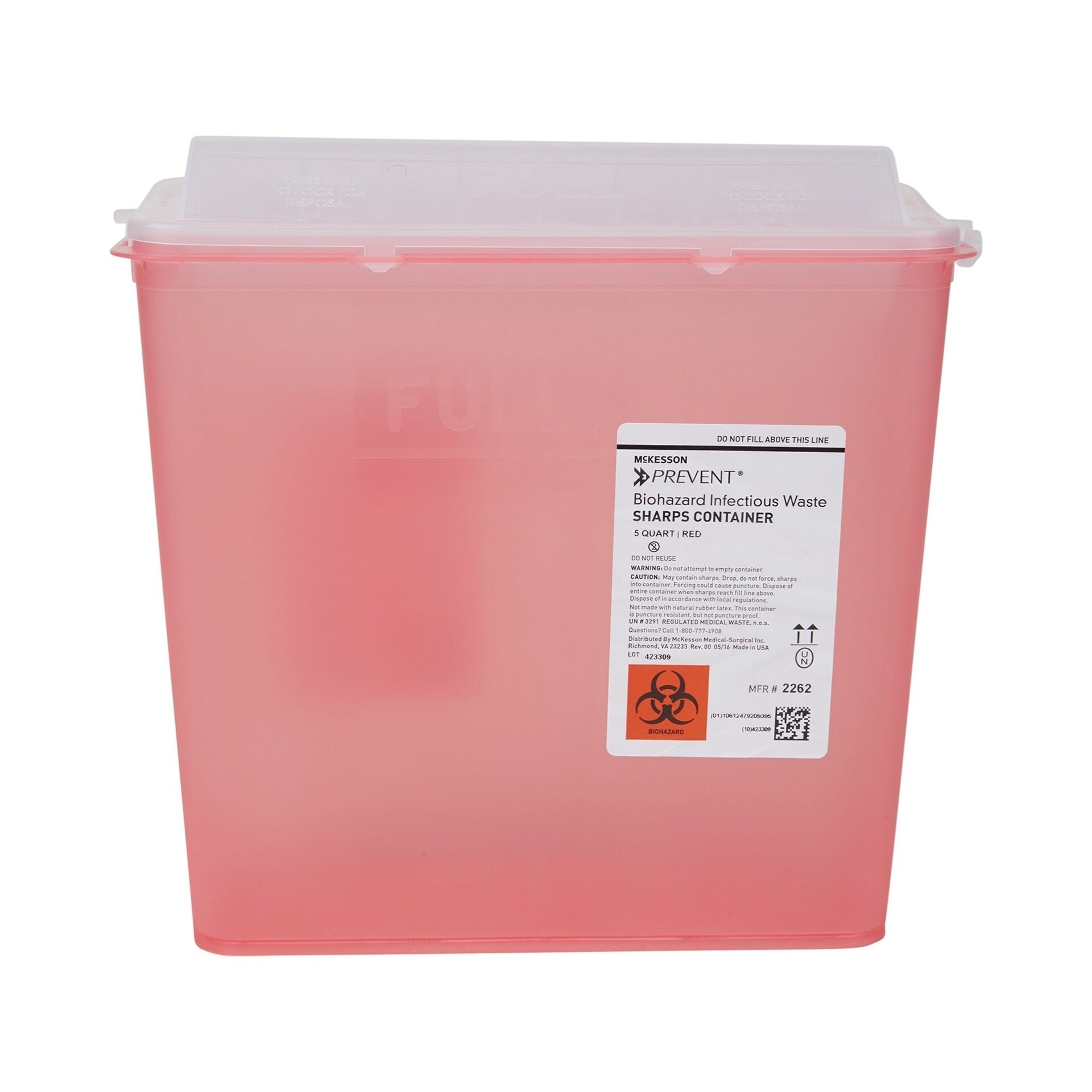 Sharps Collector Container, 5 Quart, Horizontal Lid, Translucent Red