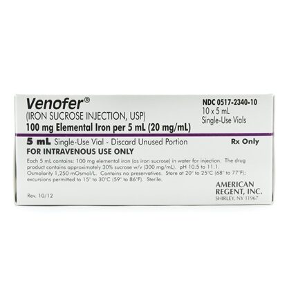 Venofer® Iron Sucrose Injection 20 mg/mL, Single Dose Vial 5 mL, 10/Tray