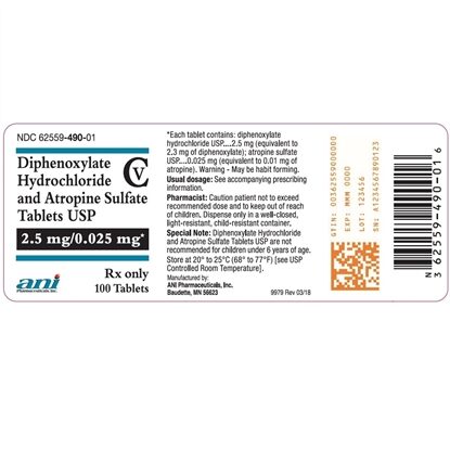 Diphenoxylate Hydrochloride with Atropine Sulfate 2.5 mg/.025 mg Tablets, 100 Count