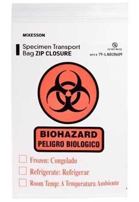 Bag, Specimen Transport w/Zip Closure and Biohazard symbol, 6"x9", Clear, 2mil    100/Package