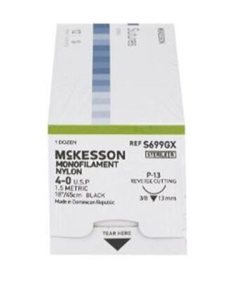 Nonabsorbable Suture with Nylon P-13 3/8 Circle Precision Reverse Cutting Needle Size 4-0 Monofilament, 12/Box