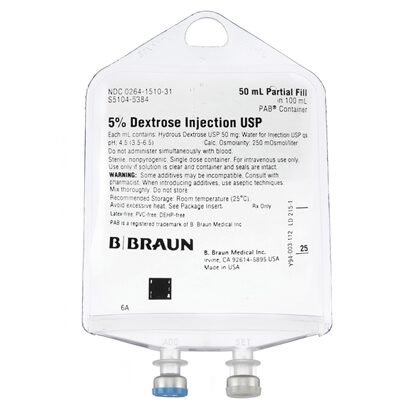 5% Dextrose IV Solution Injection, 50mL in 100mL PAB® Partial Additive Bag, Latex/PVC/DEPH-free, Each (Expiring Soon)