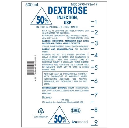 50% Dextrose IV Solution Injection, 500 mL in 1000 mL Partial-Fill Bag, Latex-free, 12/Case (Expiring)