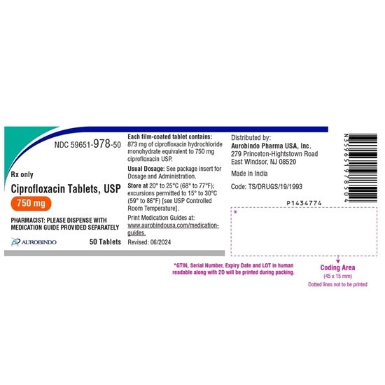 Aurobindo Ciprofloxacin HCl 750 mg Tablets 50 Count