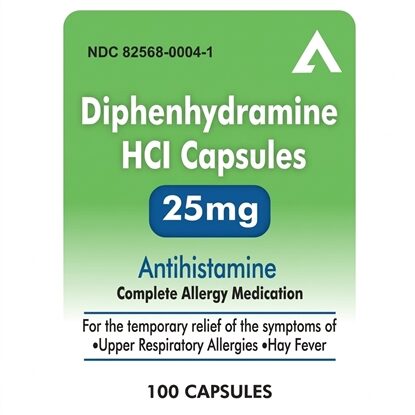 Diphenhydramine HCl (Generic for Benadryl) 25 mg Capsules, 100 Count