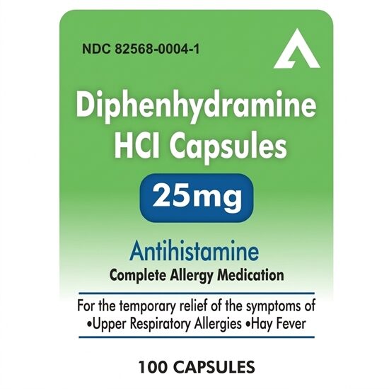 Diphenhydramine HCl Generic for Benadryl 25 mg Capsules 100 Count